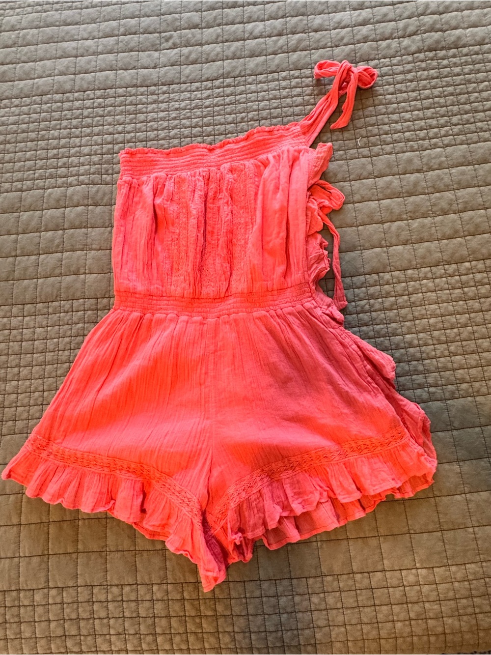 Free People Coral One-Shoulder Ruffle Romper